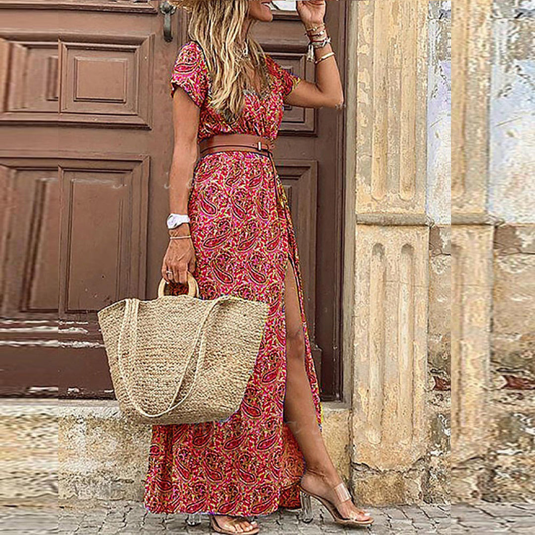 Marlene | Elegantes Boho-Maxikleid mit Gürtel und V-Ausschnitt