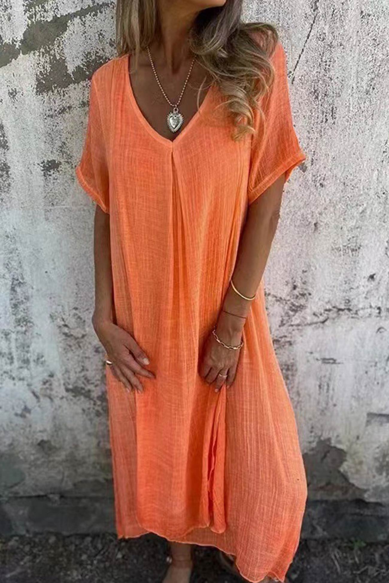 Melanie | Leinen V-Ausschnitt Midi-Kleid