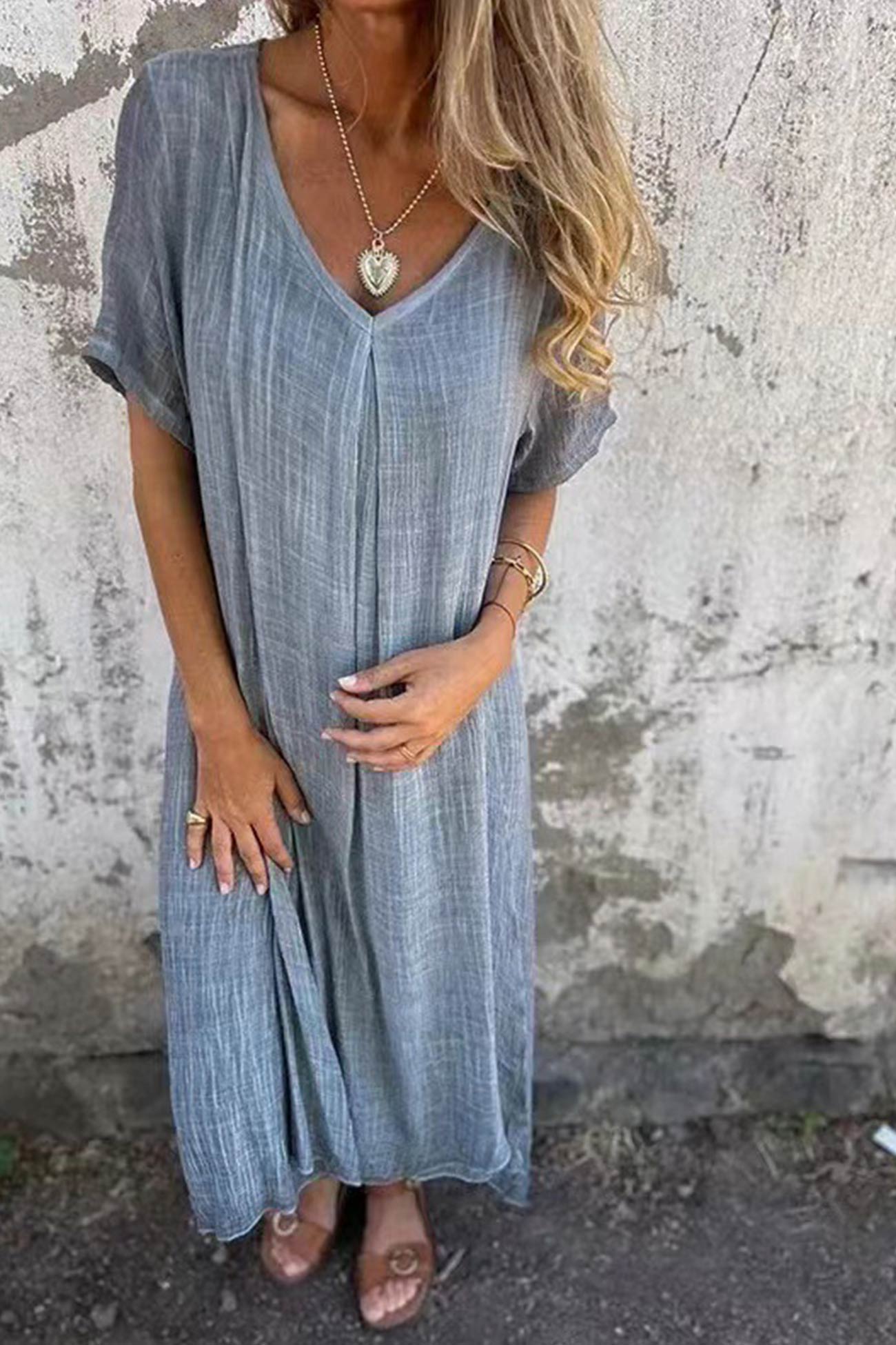 Melanie | Leinen V-Ausschnitt Midi-Kleid