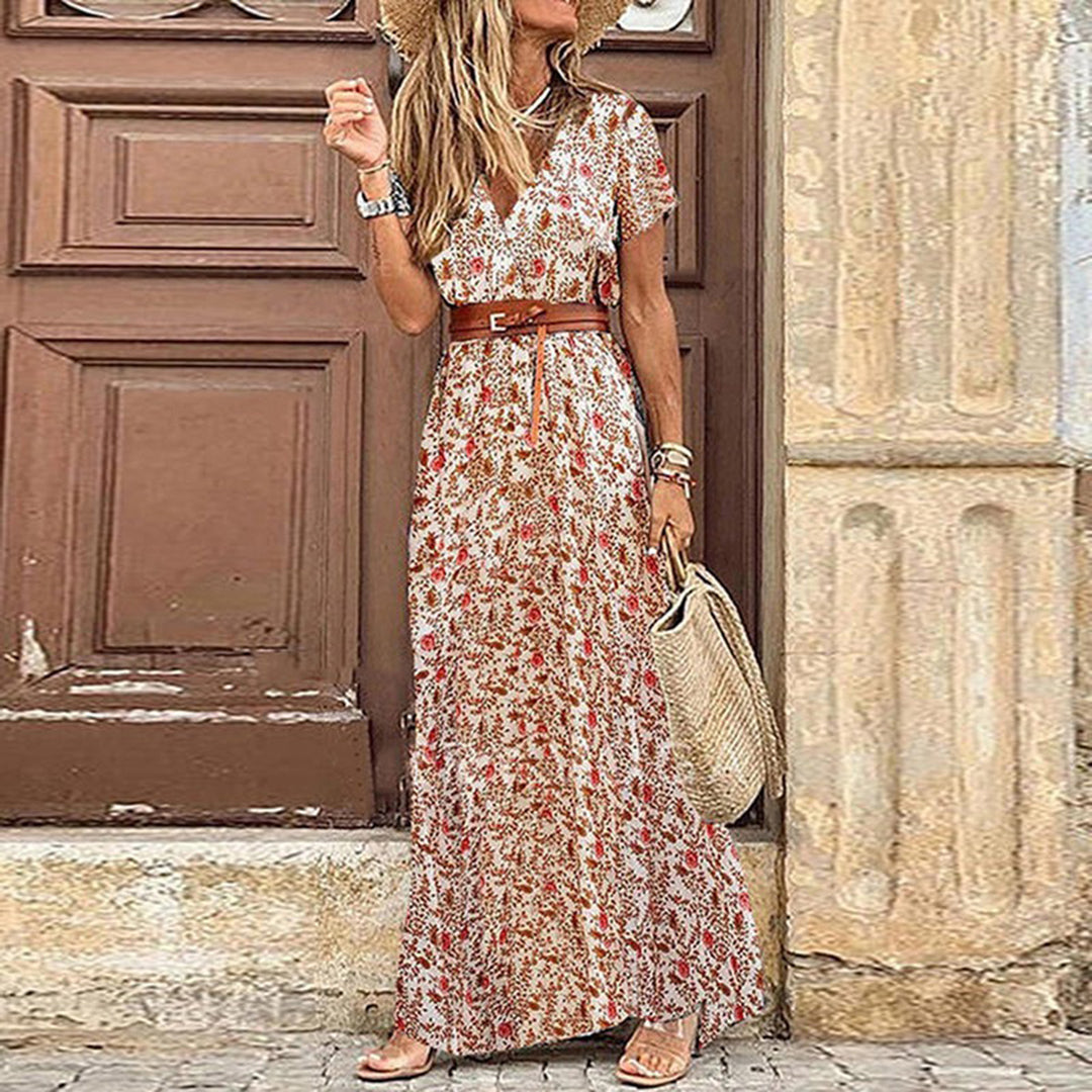 Marlene | Elegantes Boho-Maxikleid mit Gürtel und V-Ausschnitt