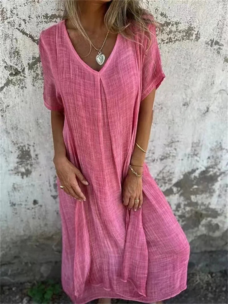 Melanie | Leinen V-Ausschnitt Midi-Kleid