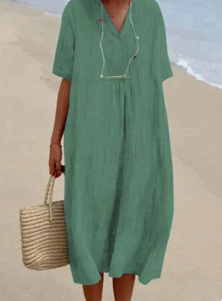Women's Linen Relaxed Fit Dress - V-Neck - Short Sleeve - Lightweight Breathable Fabric