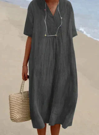 Women's Linen Relaxed Fit Dress - V-Neck - Short Sleeve - Lightweight Breathable Fabric