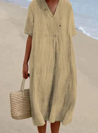 Women's Linen Relaxed Fit Dress - V-Neck - Short Sleeve - Lightweight Breathable Fabric