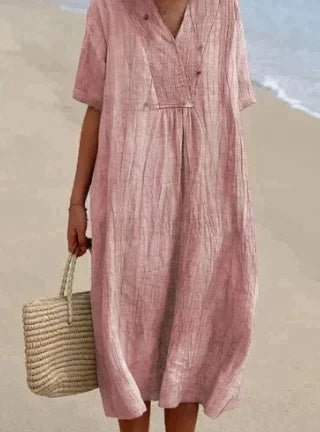 Women's Linen Relaxed Fit Dress - V-Neck - Short Sleeve - Lightweight Breathable Fabric