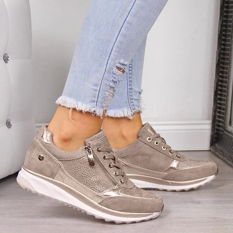 Women’s Casual Sneakers – Textured Panel – Side Zip – Walking Shoes