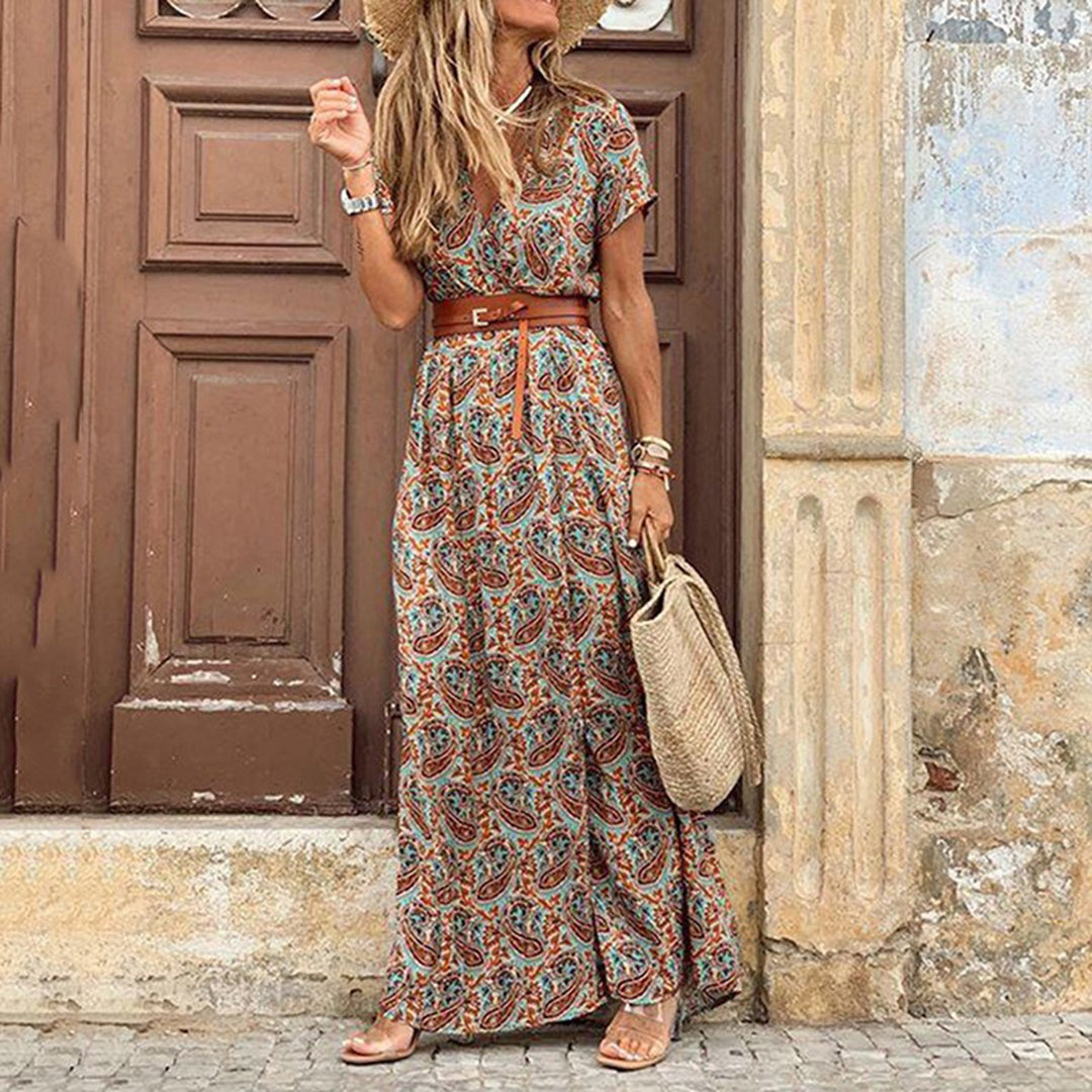 Marlene | Elegantes Boho-Maxikleid mit Gürtel und V-Ausschnitt