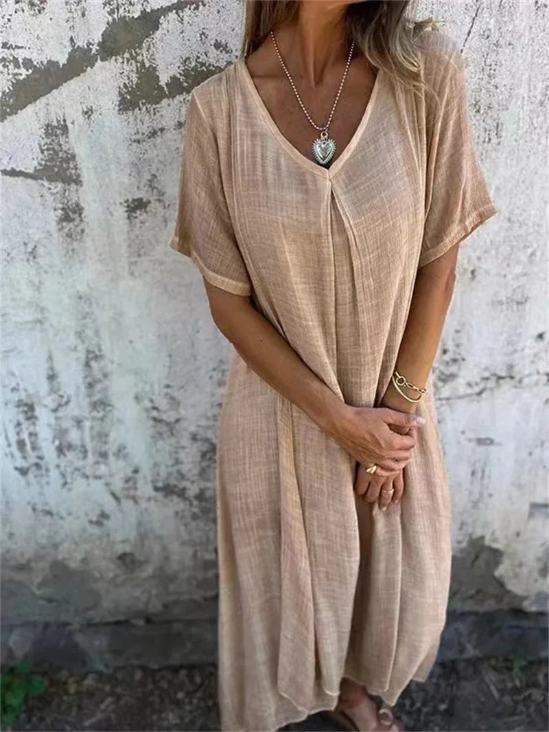 Melanie | Leinen V-Ausschnitt Midi-Kleid
